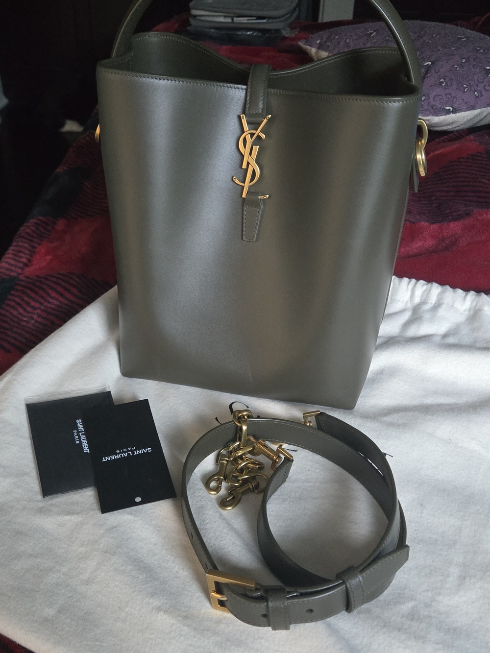Saint Laurent Olive Green Cassandre Bucket Bag with Gold YSL Hardware